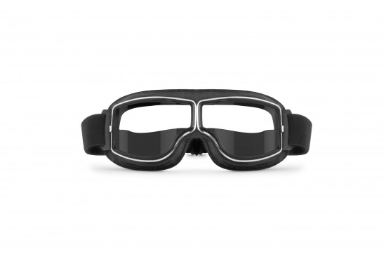 Black leather goggles with chrome metal frame - Compact design great for wearing with helmets - Size: suitable for all types of faces (narrow to large). Bertoni AF188B 