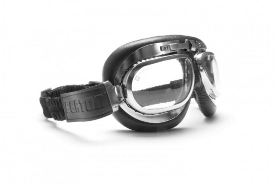 BERTONI Occhiali Moto in Pelle Vintage - Profili in Acciaio Cromato - Banda Elastica ricoperta in Seta - AF191CRA Italy Nero - Acciaio Cromato - Maschera Moto da Aviatore per Casco