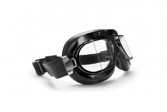 Bertoni Vintage Motorcycle Goggles with Antifog and Anticrash Squared Lenses - Matt Black Steel Rim - AF193A Motorbike Aviator Goggles by Bertoni Italy
