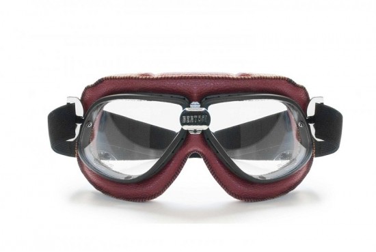 Occhiali Moto Vintage Aviatore in Pelle Rossa - Frontale Nero Opaco - Bertoni AF196R Maschera per Casco Moto