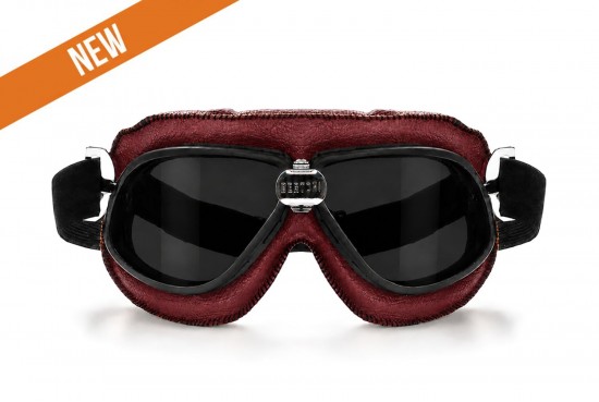 Occhiali Moto Vintage Aviatore in Pelle Rossa - Lente Fumo - Bertoni AF196RS Maschera per Casco Moto