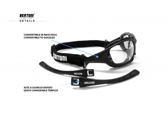 Bertoni Motorcycle Goggles Padded Glasses Interchangeable Arms and Strap - Antifog Lens - Optical Prescription Carrier Included - AF366A by Bertoni Italy Riding Goggles - Black