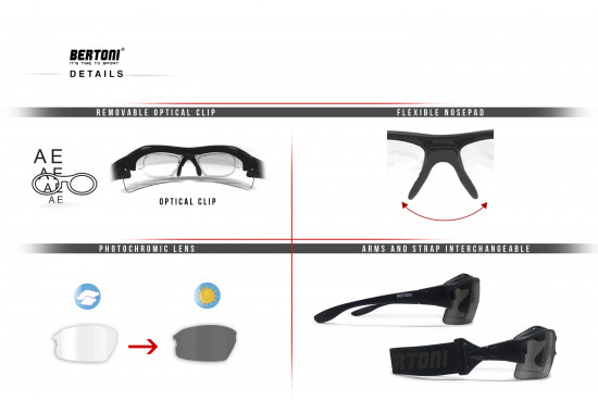 Bertoni Prescription Sport Sunglasses Sport Goggles with Optical Clip Adapter for RX - Interchangeable Arms/Strap -  Bertoni F399A Photochromic Sport Prescription Sunglasses