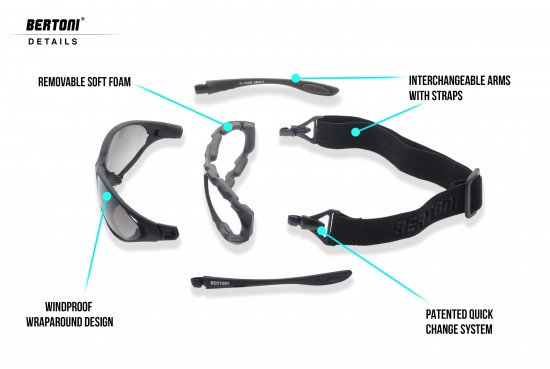 Occhiali Fotocromatici Polarizzati per Moto Sci Skydiving Sport Estremi - Astine intercambiabili con banda elastica - by Bertoni Italy P333FTA